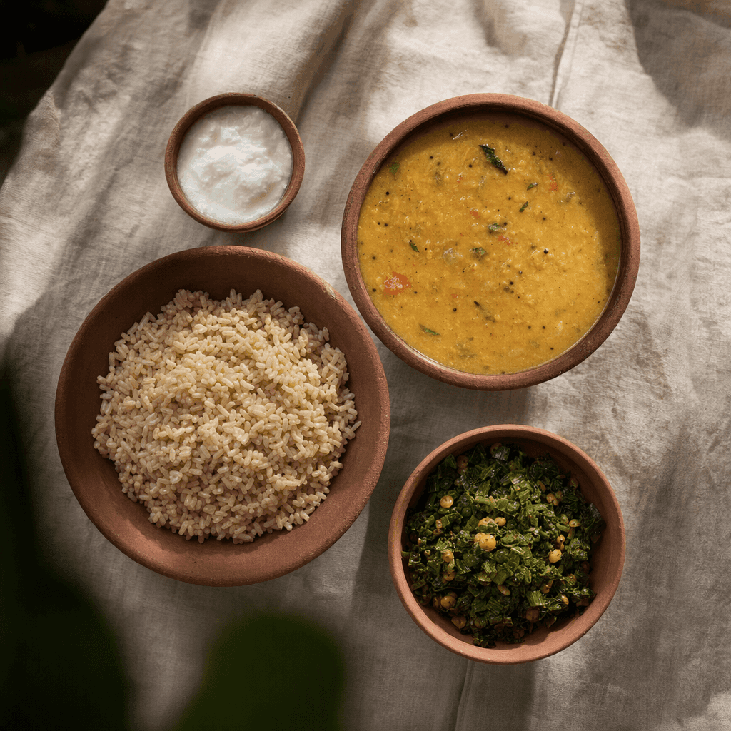 A simple Indian meal of dal, rice and greens in clay bowls on a linen cloth